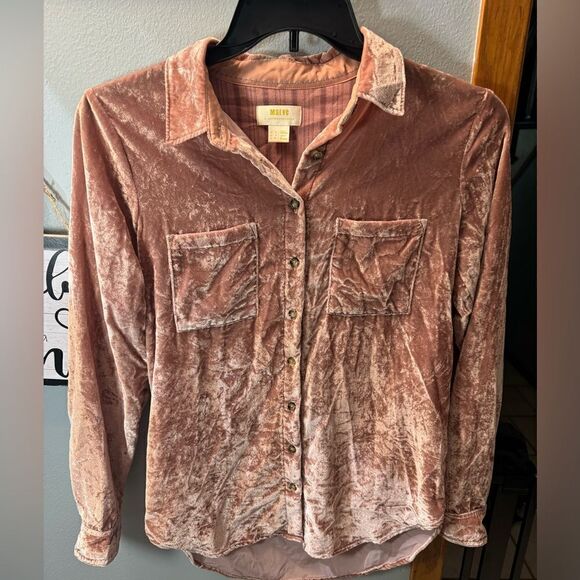 Anthropologie Maeve Karina Crushed Velvet Shirt Size US 2 Small Dust Pink - Picture 5 of 15